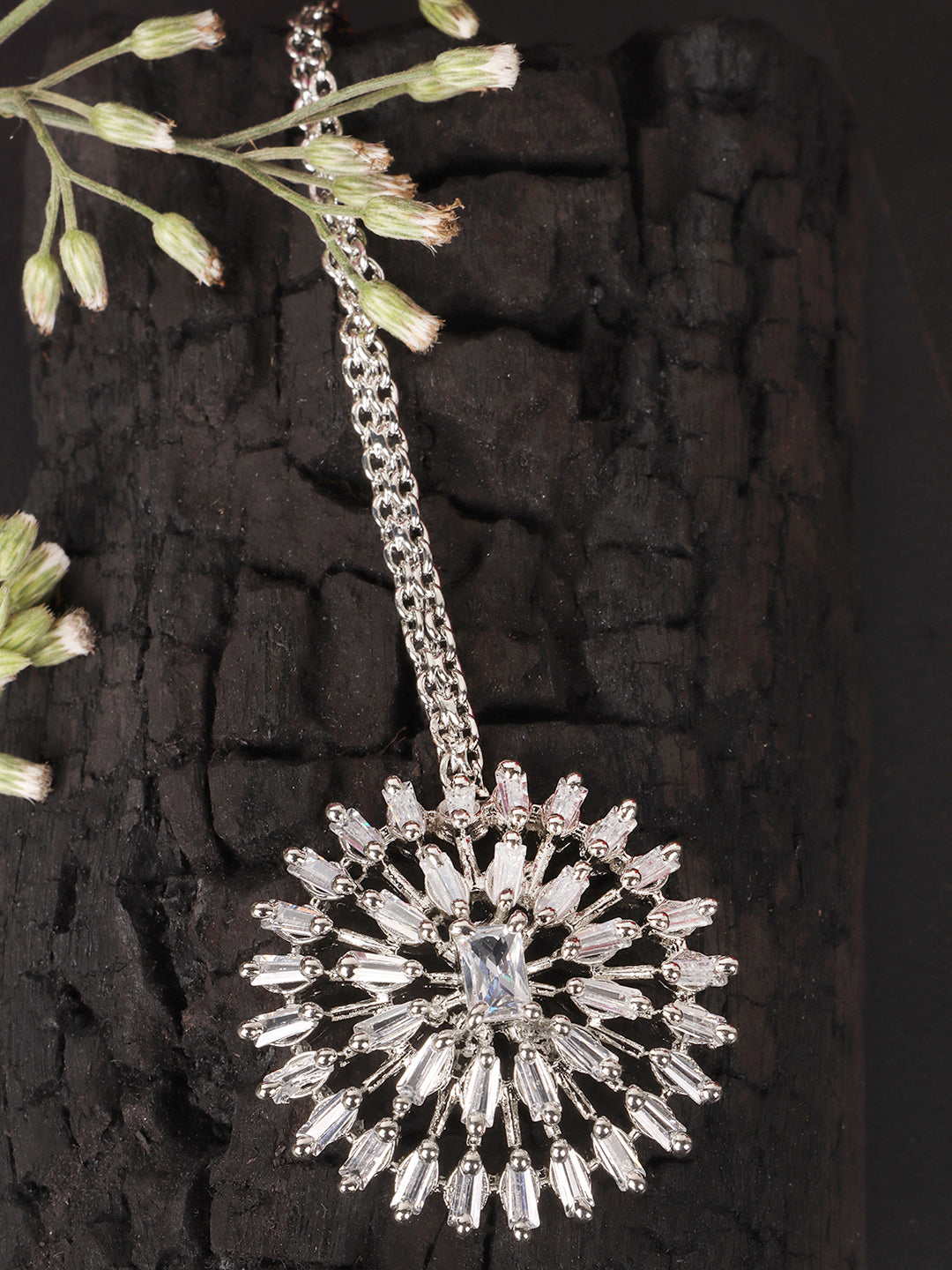 Silver-Plated American Diamond Studded Maangtikka Head Jewellery
