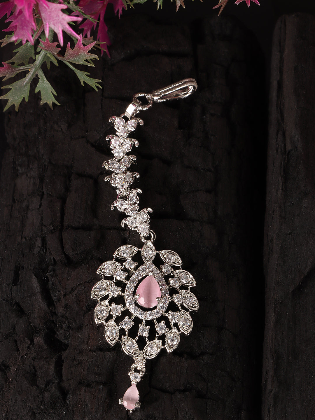 Silver-Plated Pink American Diamond Diamond Studded Maangtika