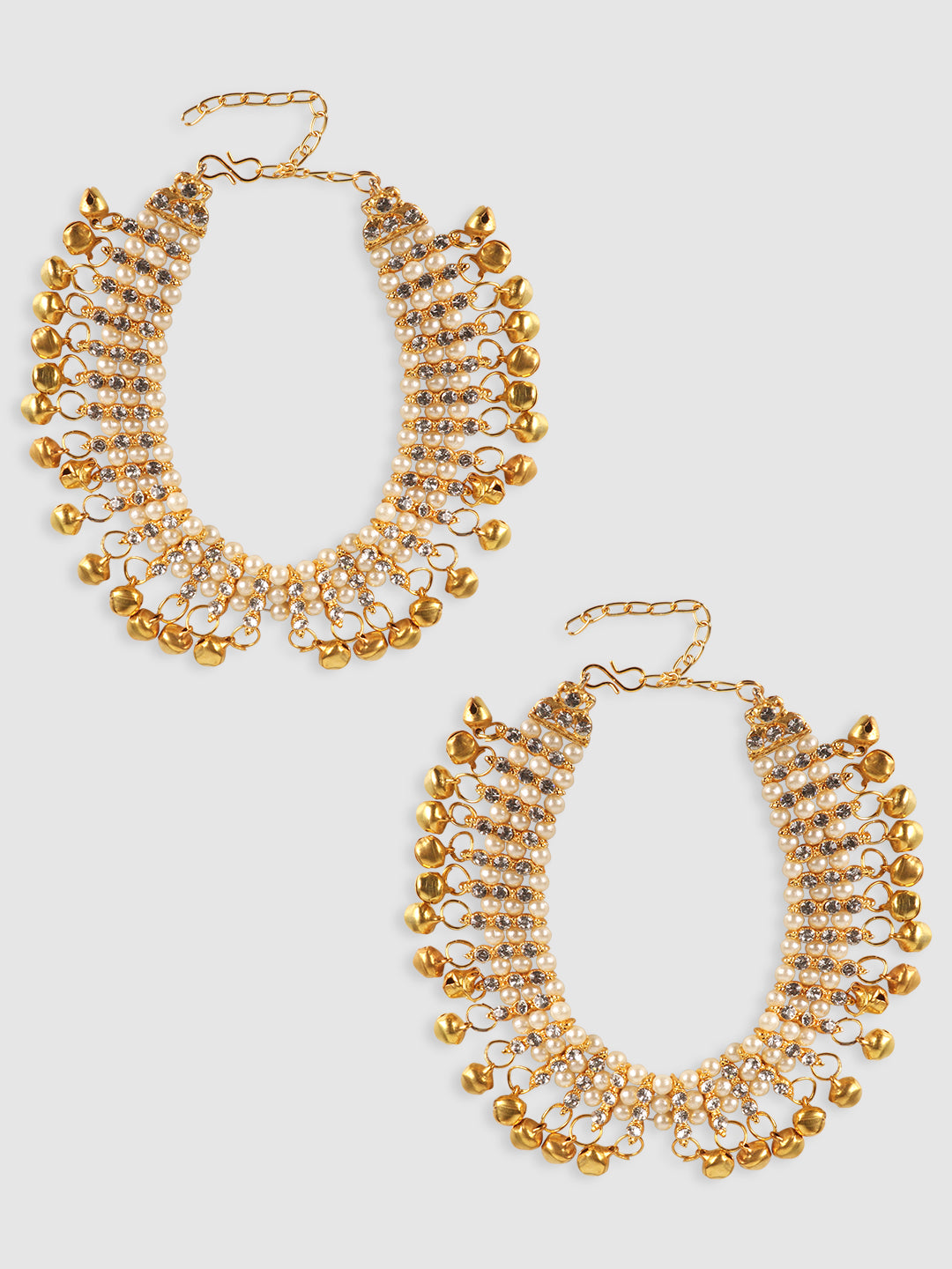 Women White & Gold-Toned Traditional Pearl and Stone Studded Ghungroo Anklets