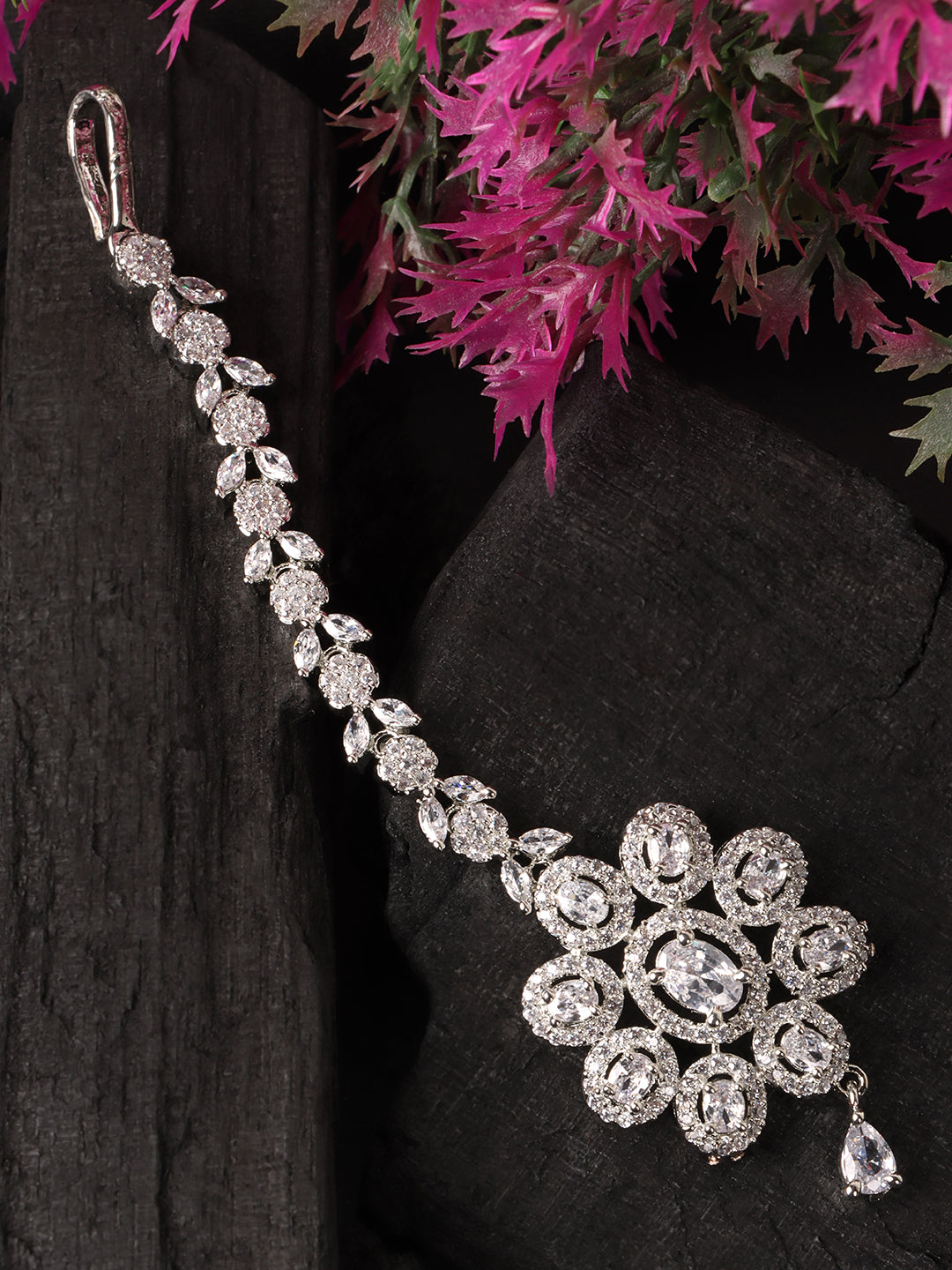 Silver-Plated White AD-Studded Handcrafted Maang Tikka