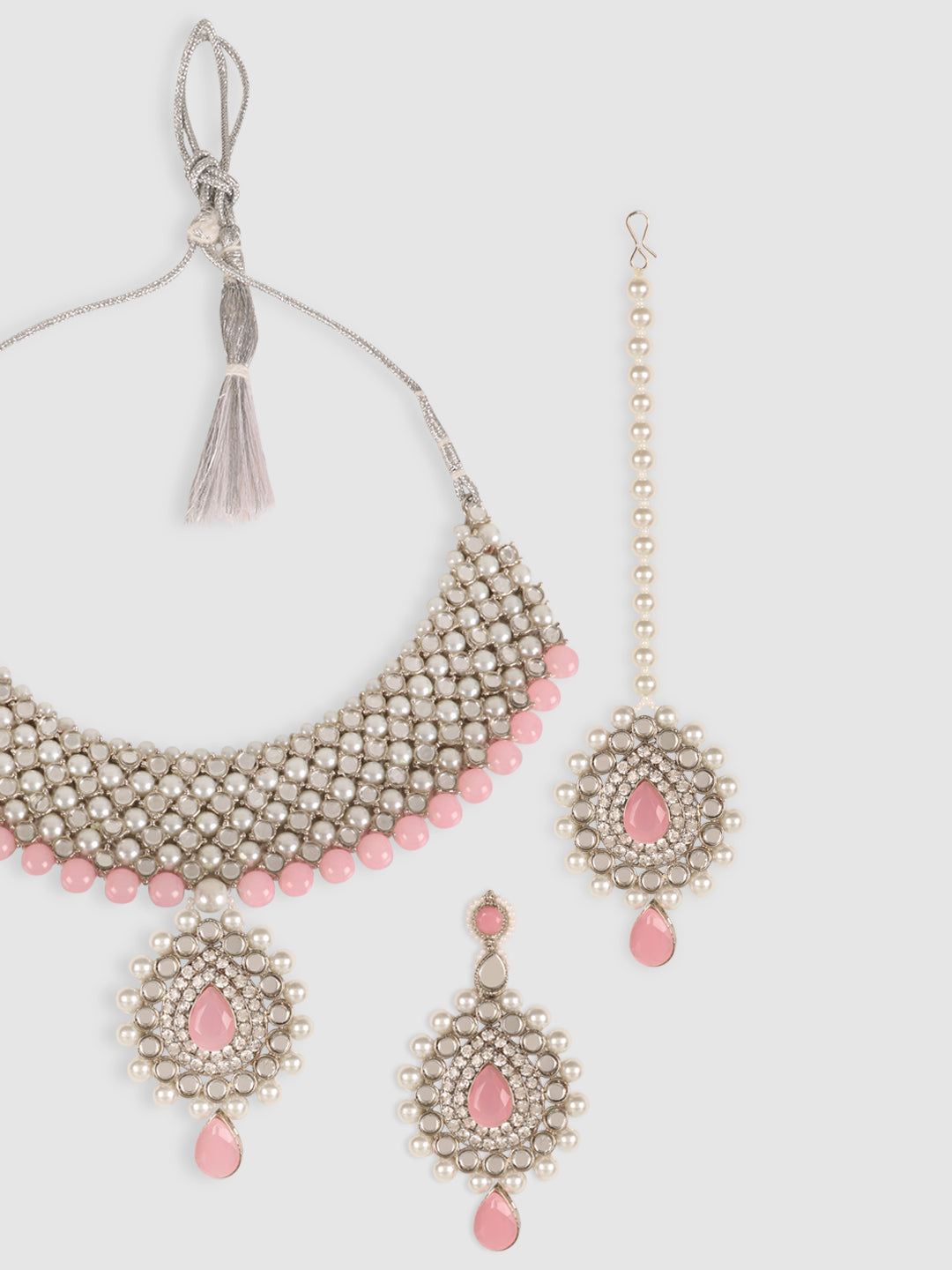 Silver Plated mirror Necklace set with Pink Beads