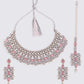 Silver-TOned & Pink Traditional Stone Studded & Pearls Jewellery Set