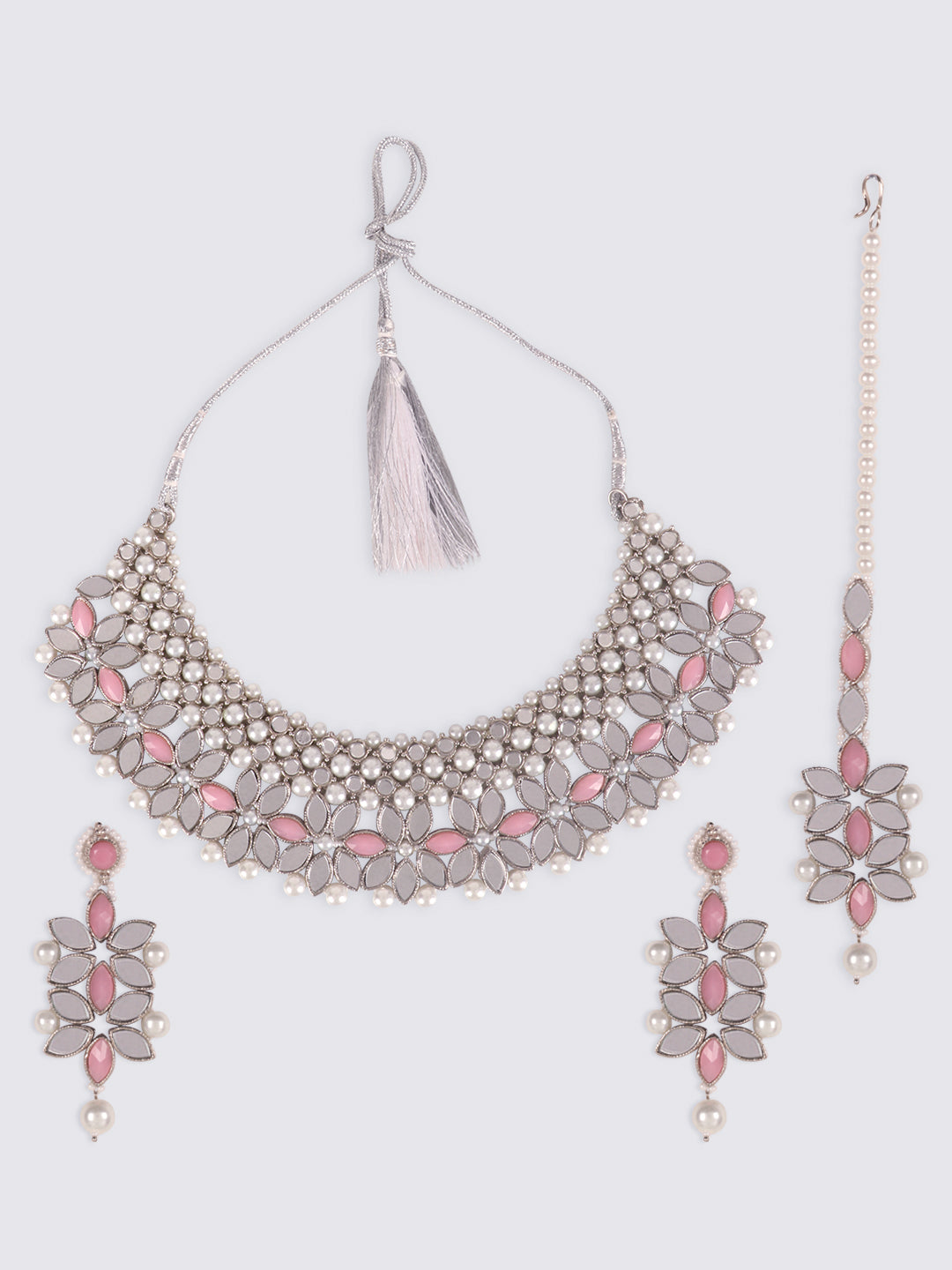 Silver-TOned & Pink Traditional Stone Studded & Pearls Jewellery Set