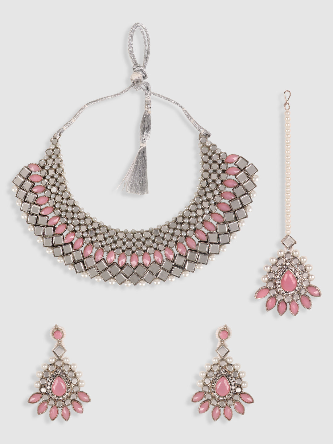 Silver-Toned & Traditional Stone Studded & Pearls Jewellery Set
