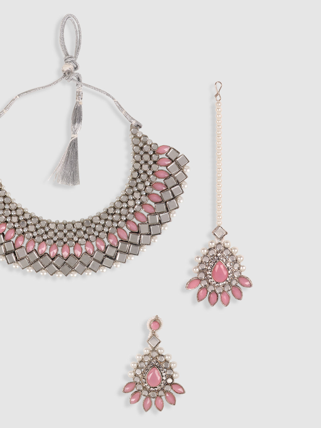 Silver-Toned & Traditional Stone Studded & Pearls Jewellery Set