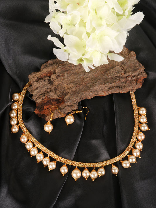 Gold-Plated Off White Beaded Handcrafted Jewellery Set