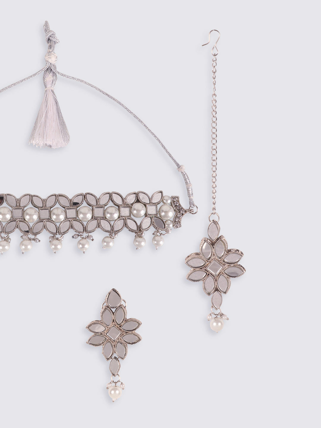 Silver-Toned White Stone Studded & Beaded Choker Jewellery Set