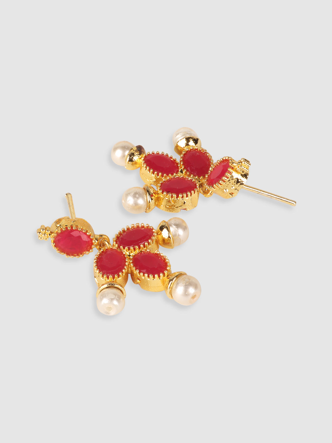 Gold-Plated Red & White Stone-Studded & Beaded Traditional Jewellery Set