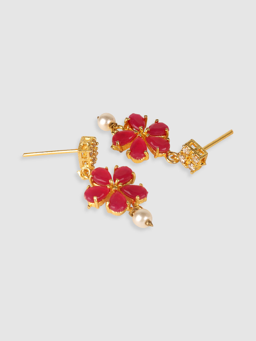 Pink & Gold-Plated Stone-Studded Leaf Shaped Jewellery Set