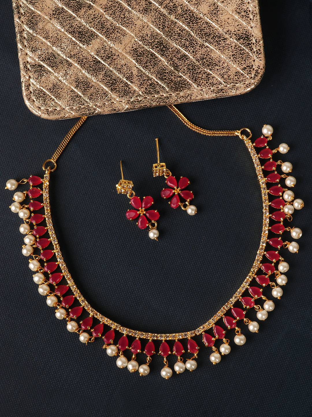 Pink & Gold-Plated Stone-Studded Leaf Shaped Jewellery Set