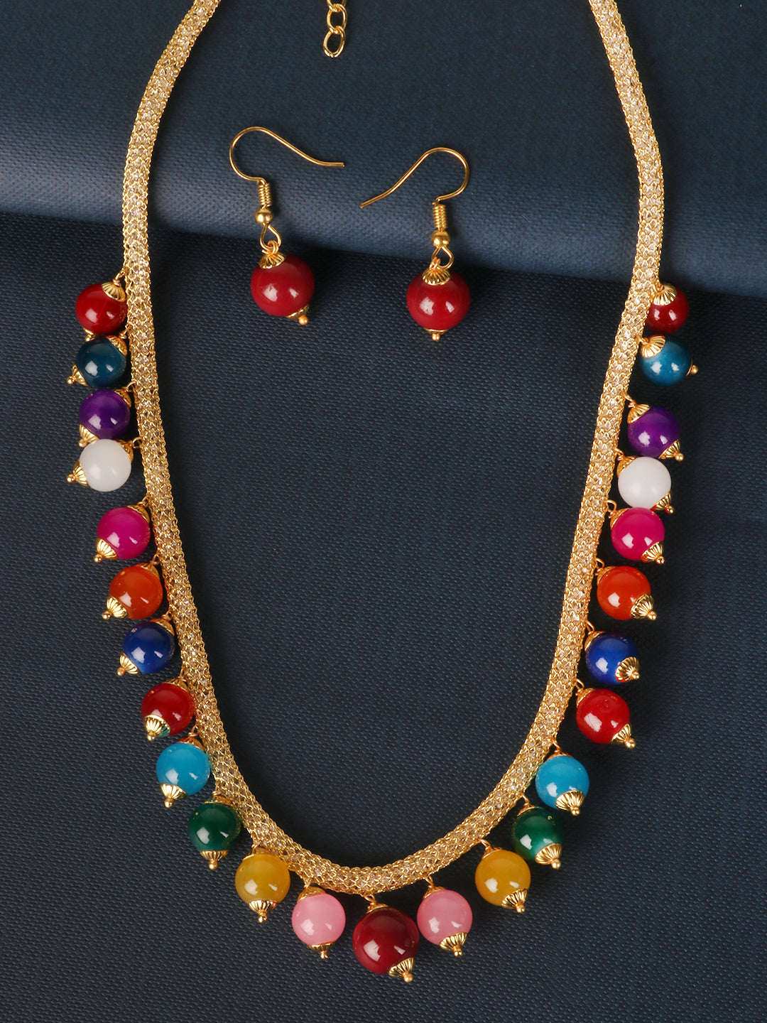 Multcoloured Gold-Plated Handcrafted Pearl Necklace with Earrings