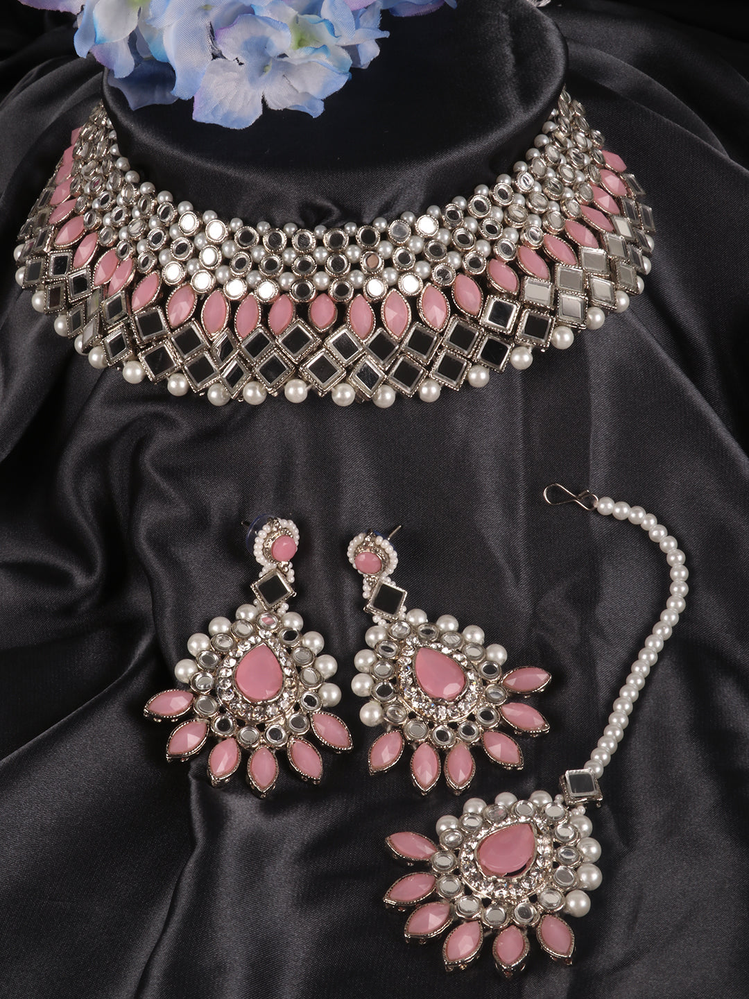 Silver-Toned & Traditional Stone Studded & Pearls Jewellery Set