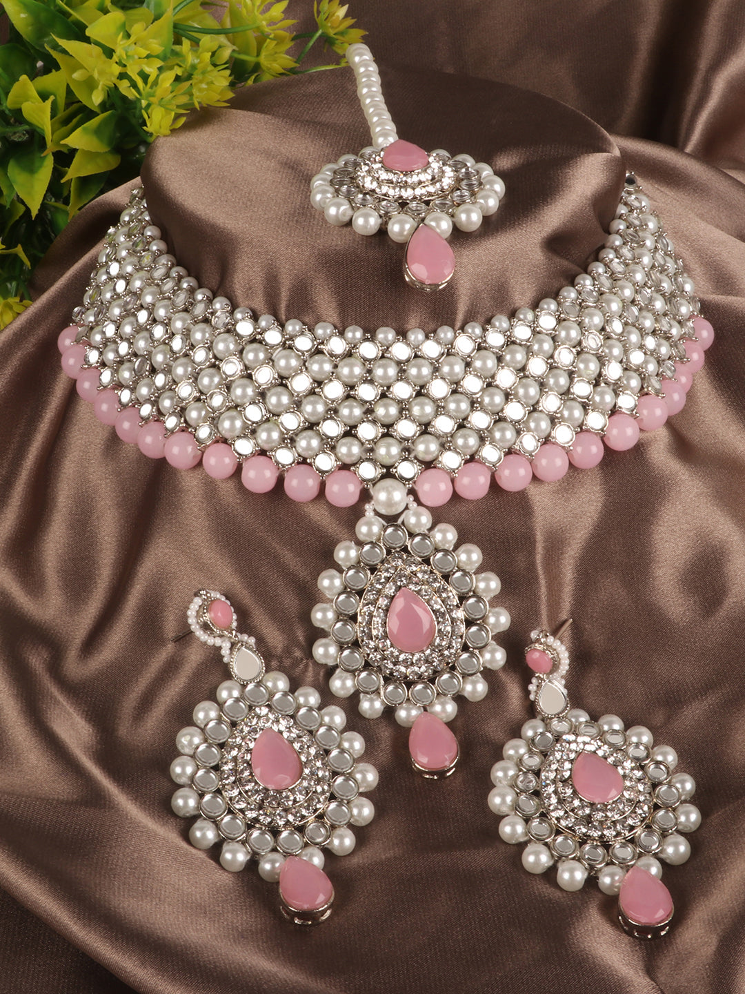 Silver Plated mirror Necklace set with Pink Beads