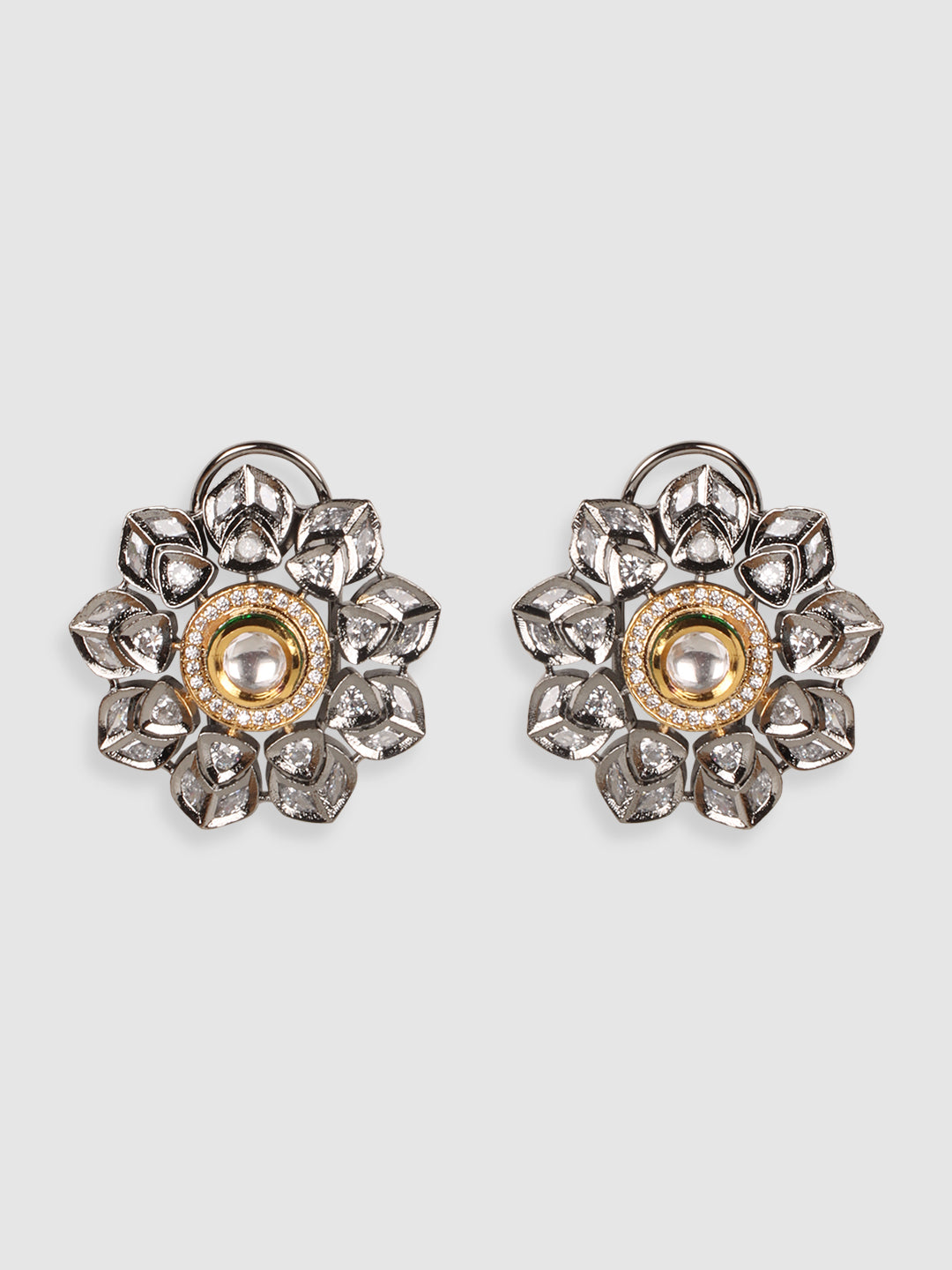 White Floral AD & Kundan Studded Rhodium Plated Stud Earrings