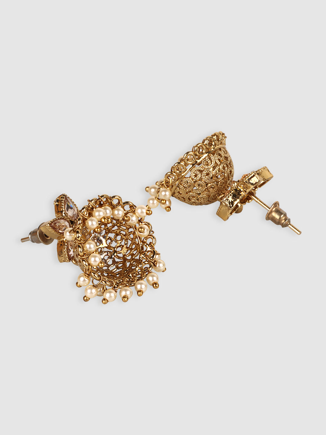 Gold-Plated Floral Stone Studded Jhumkas Earrings