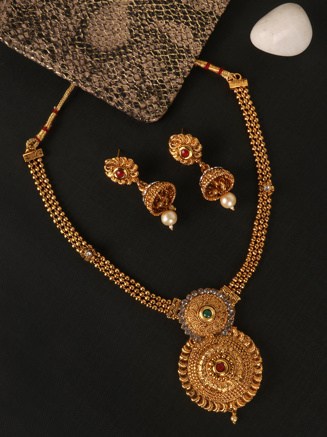 Gold-Plated & White Stone-Studded & Beaded Jewellery Set