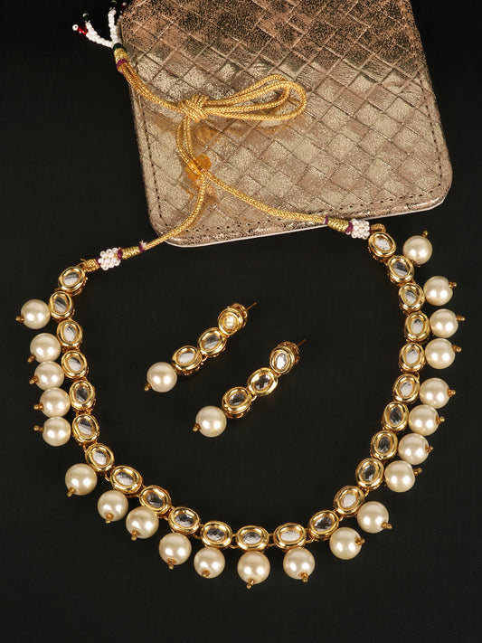 Women White & Gold-Toned Kundan Beaded Necklace Set