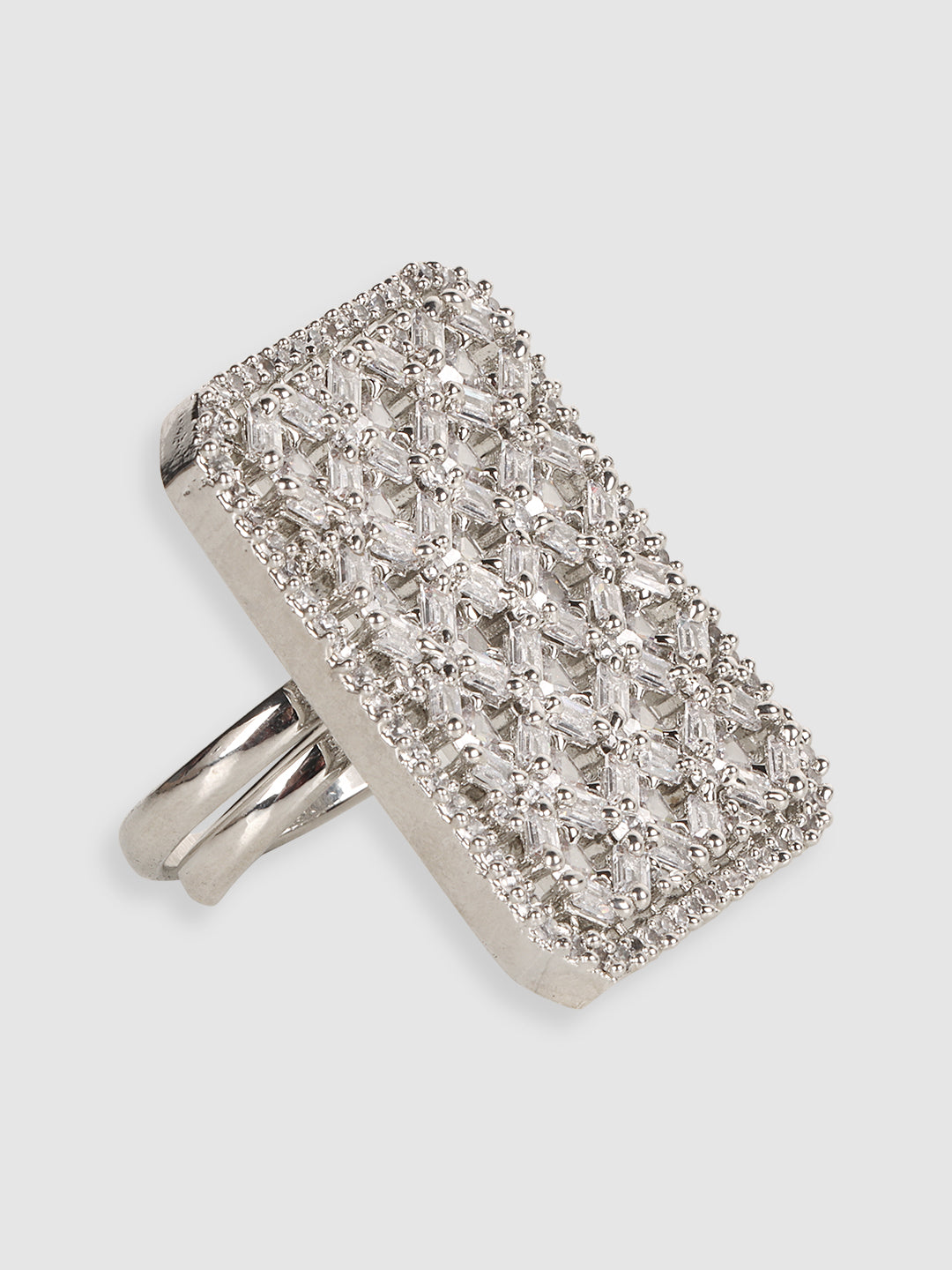 Silver-Toned Rhodium-Plated & AD Stone-Studded Finger Ring