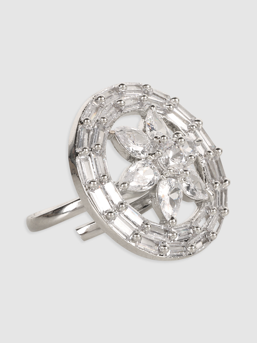 Rhodium-plated Silver-toned AD-Studded Circular Finger Ring