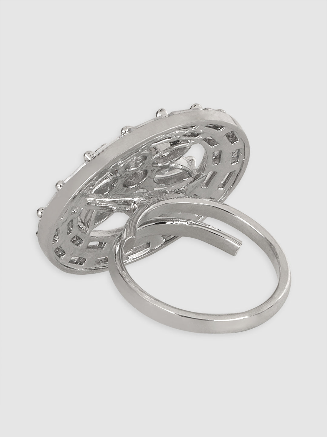 Rhodium-plated Silver-toned AD-Studded Circular Finger Ring