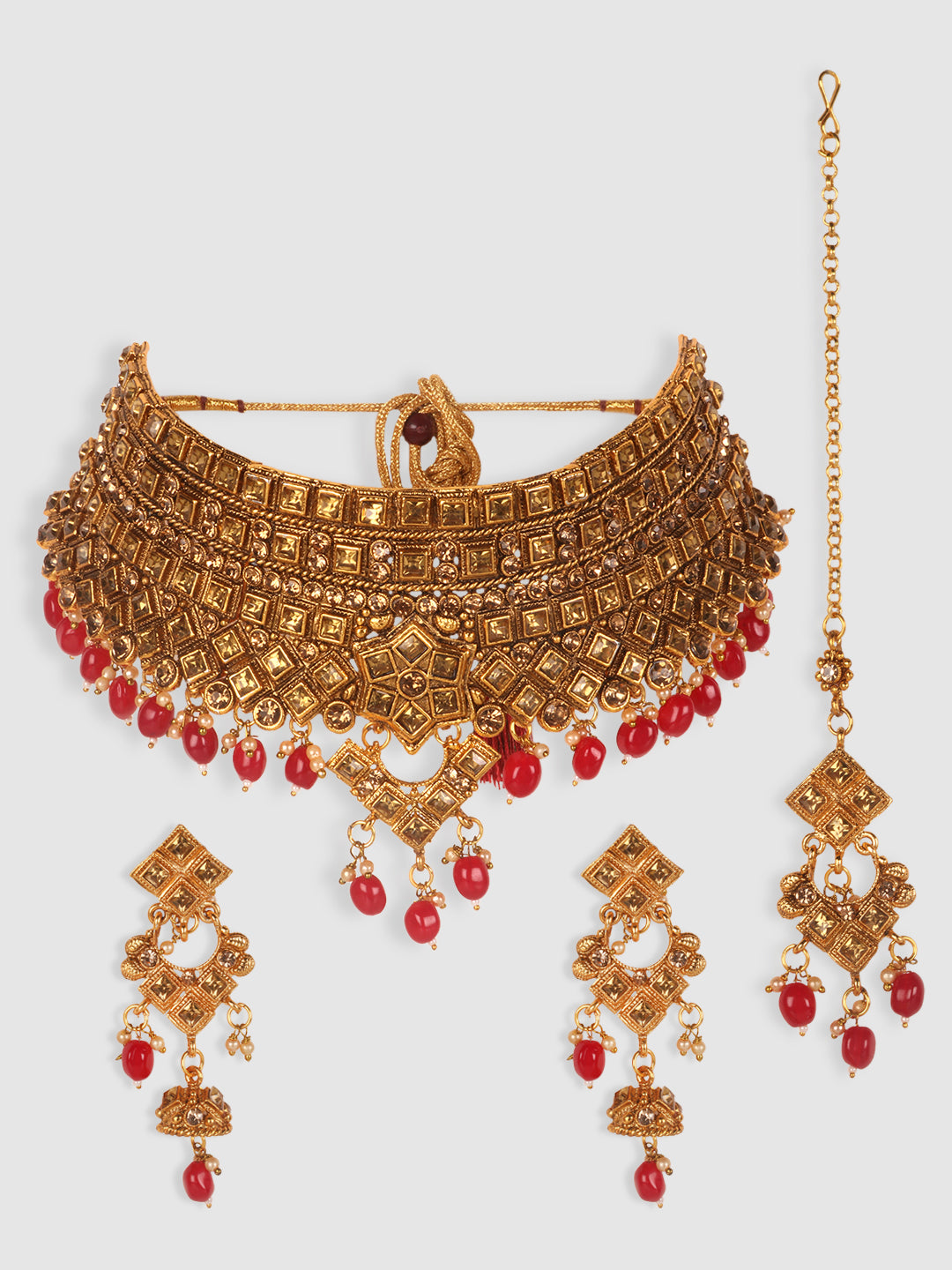 Gold-Plated & Red Kundan-Studded & Pearl Beaded Jewellery Set