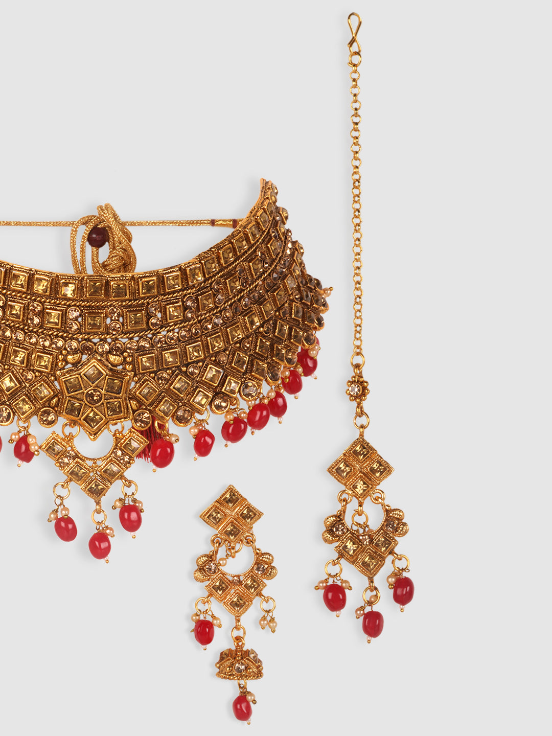 Gold-Plated & Red Kundan-Studded & Pearl Beaded Jewellery Set