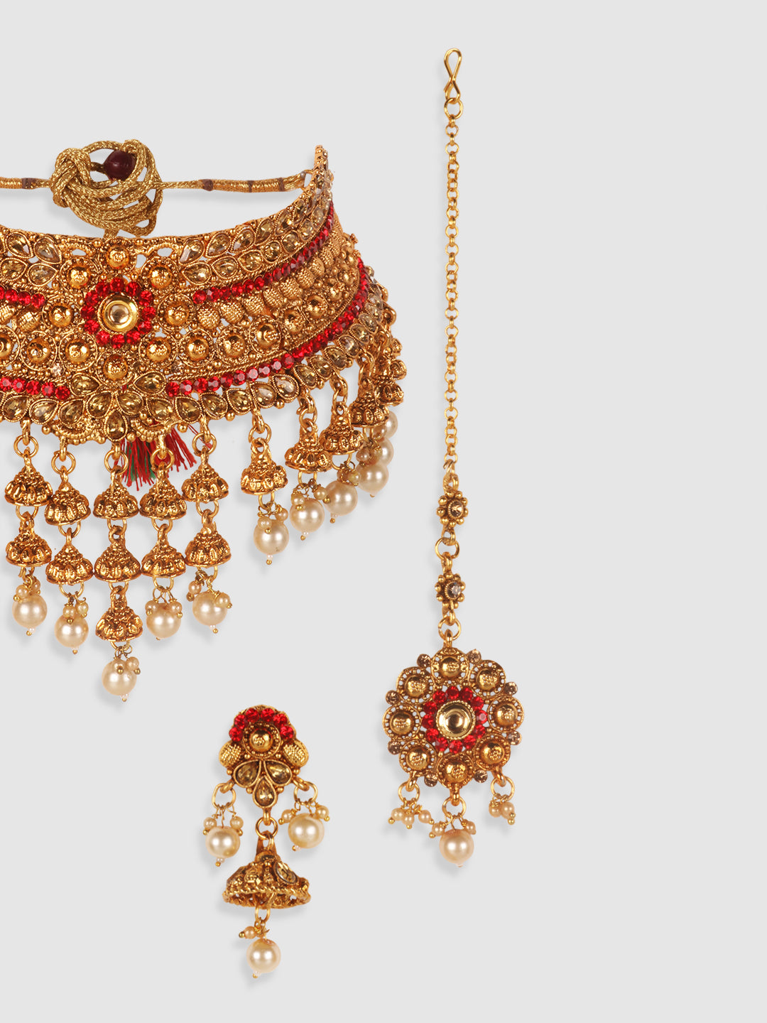 Gold-Plated Red & White Kundan-Studded & Pearl Beaded Vilandi Jewellery Set