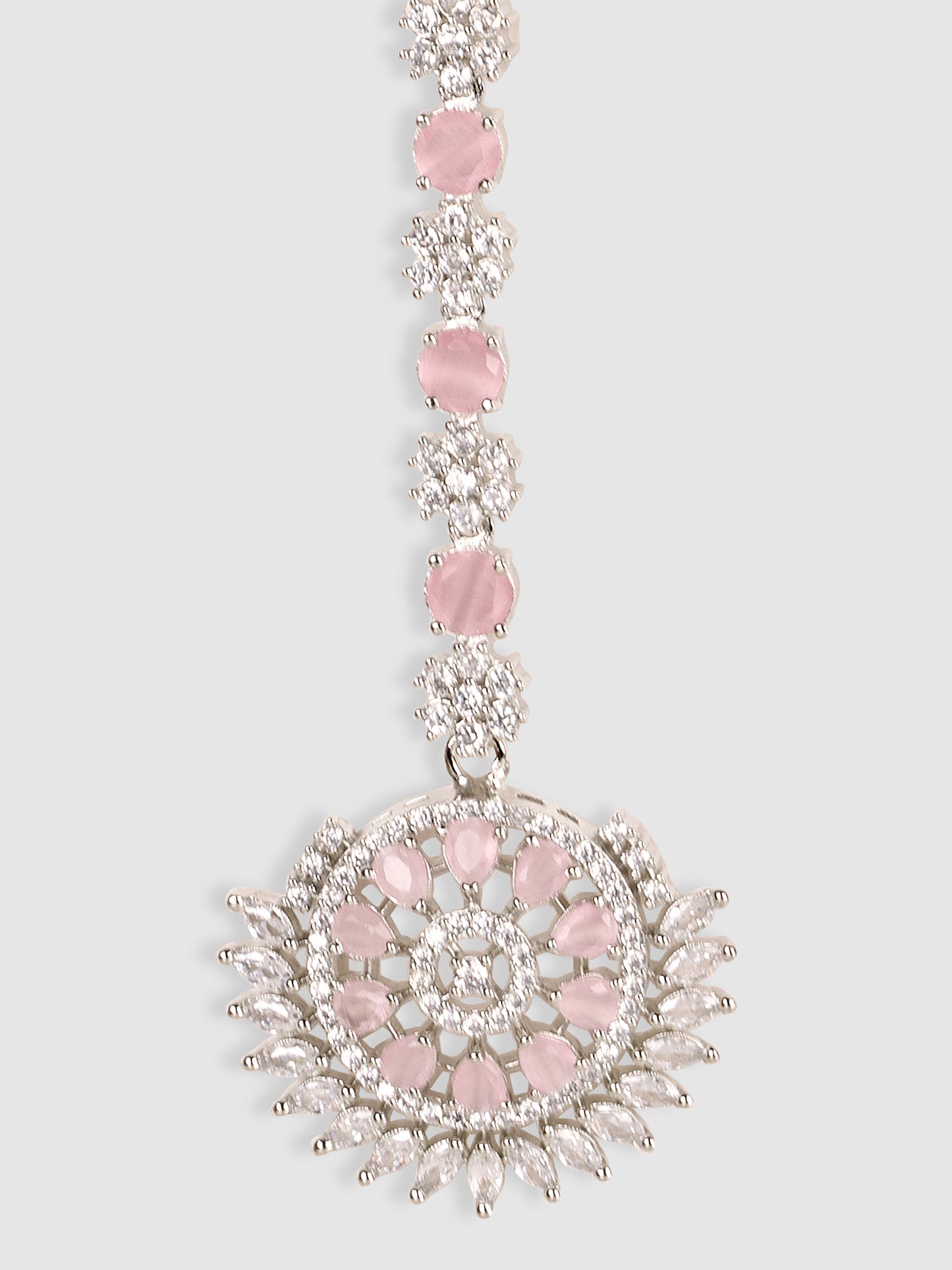 Silver-Plated White & Pink AD-Studded Maangtikka