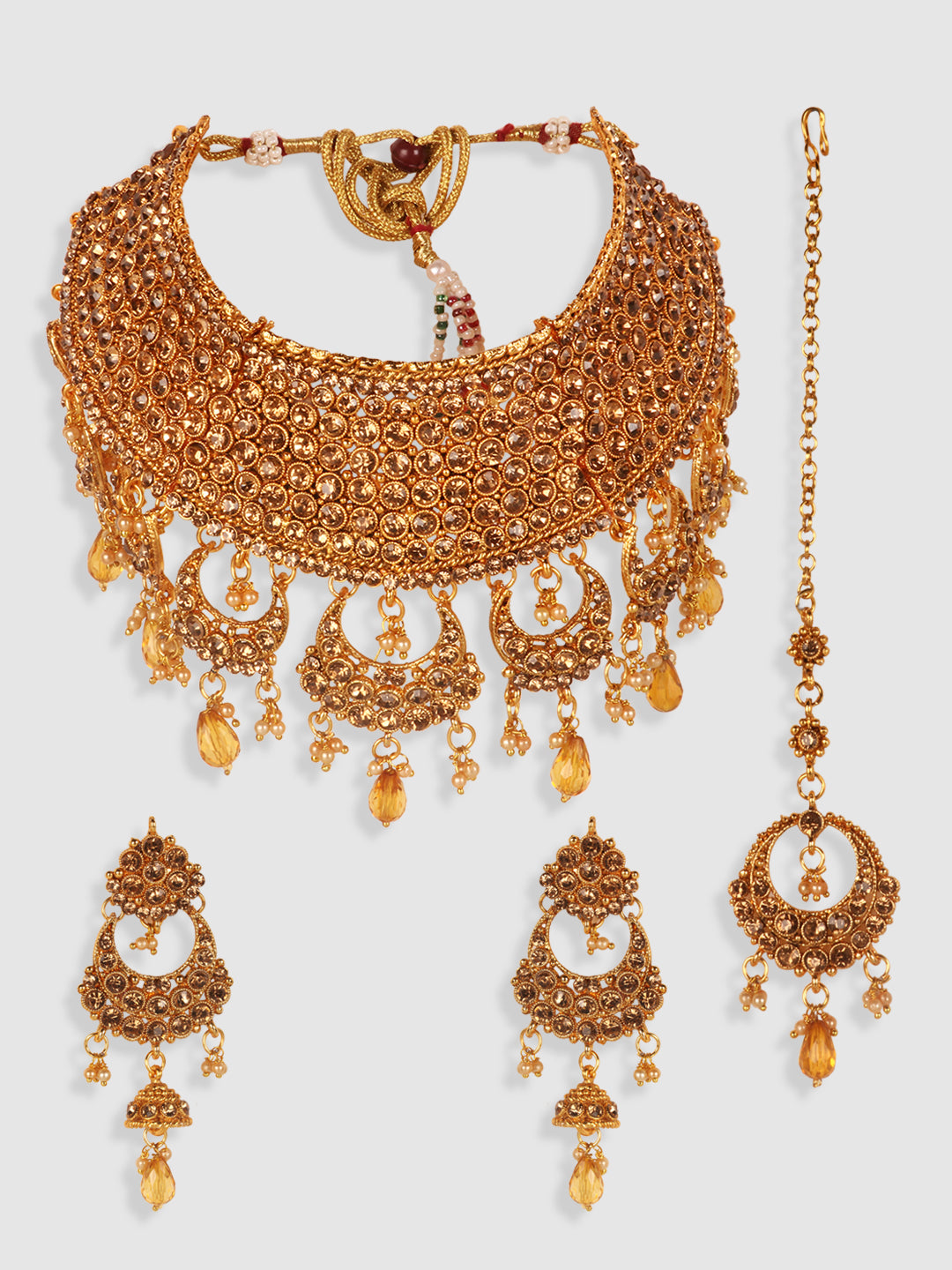 Gold Plated Choker Jewellery Set with Earring & Maangtika