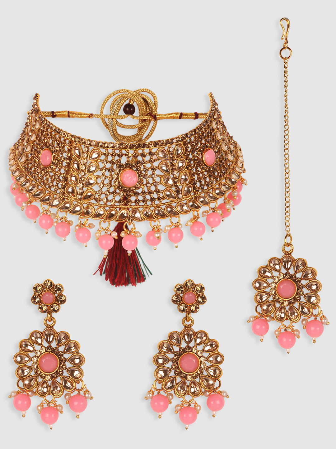 Woman Pink &Gold Plated Studded Choker Set with Floral Earring & Maangtika