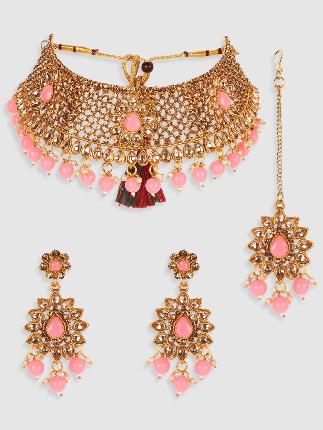 Gold Plated White & Pink Kundan Studded & Beaded Jewellery Set
