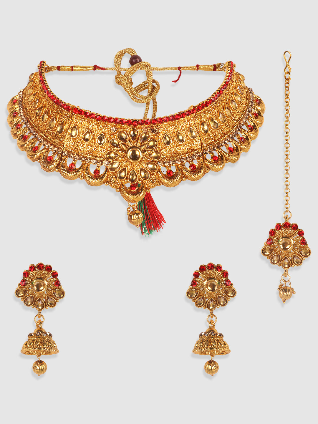 Gold-Plated Red & White Kundan-Studded & Pearl Beaded Vilandi Jewellery Set