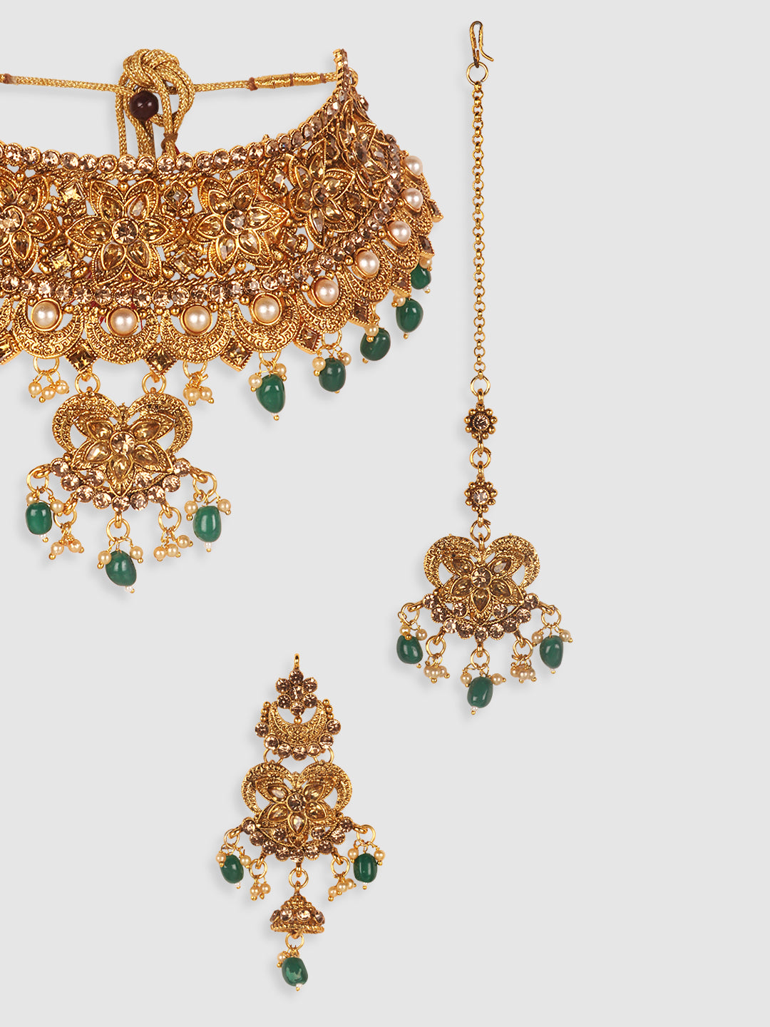 PENNY JEWELS Gold Plated Bridal Green Beads Choker with Designer Jhumka & Maangtika