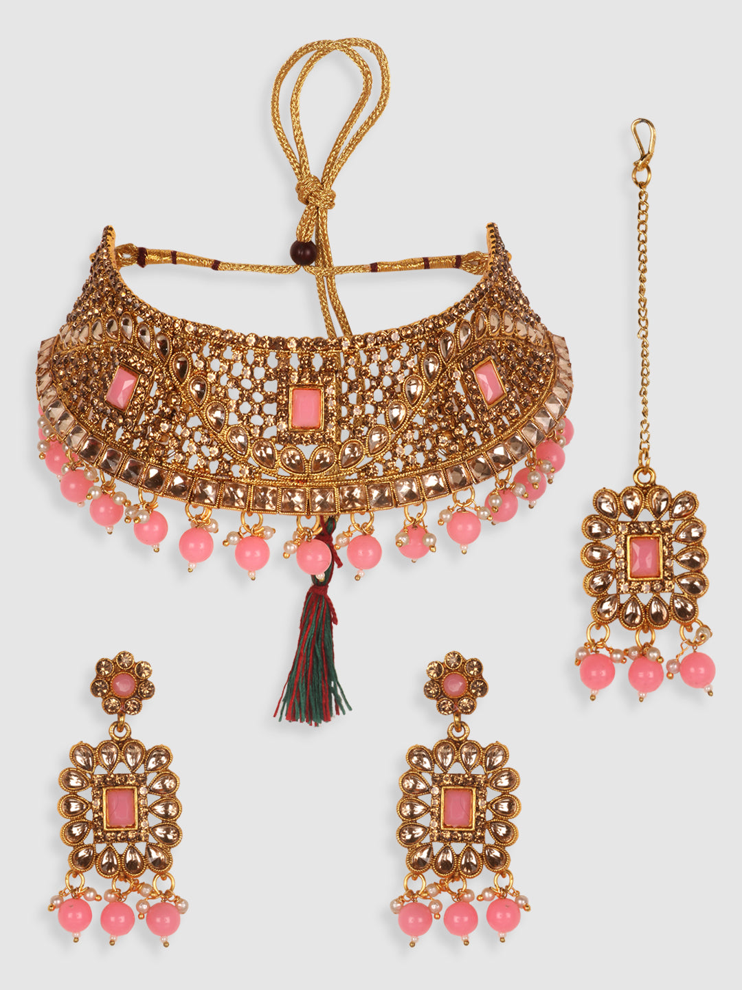 Gold-Toned & Pink Stone-Studded Choker Jewellery Set