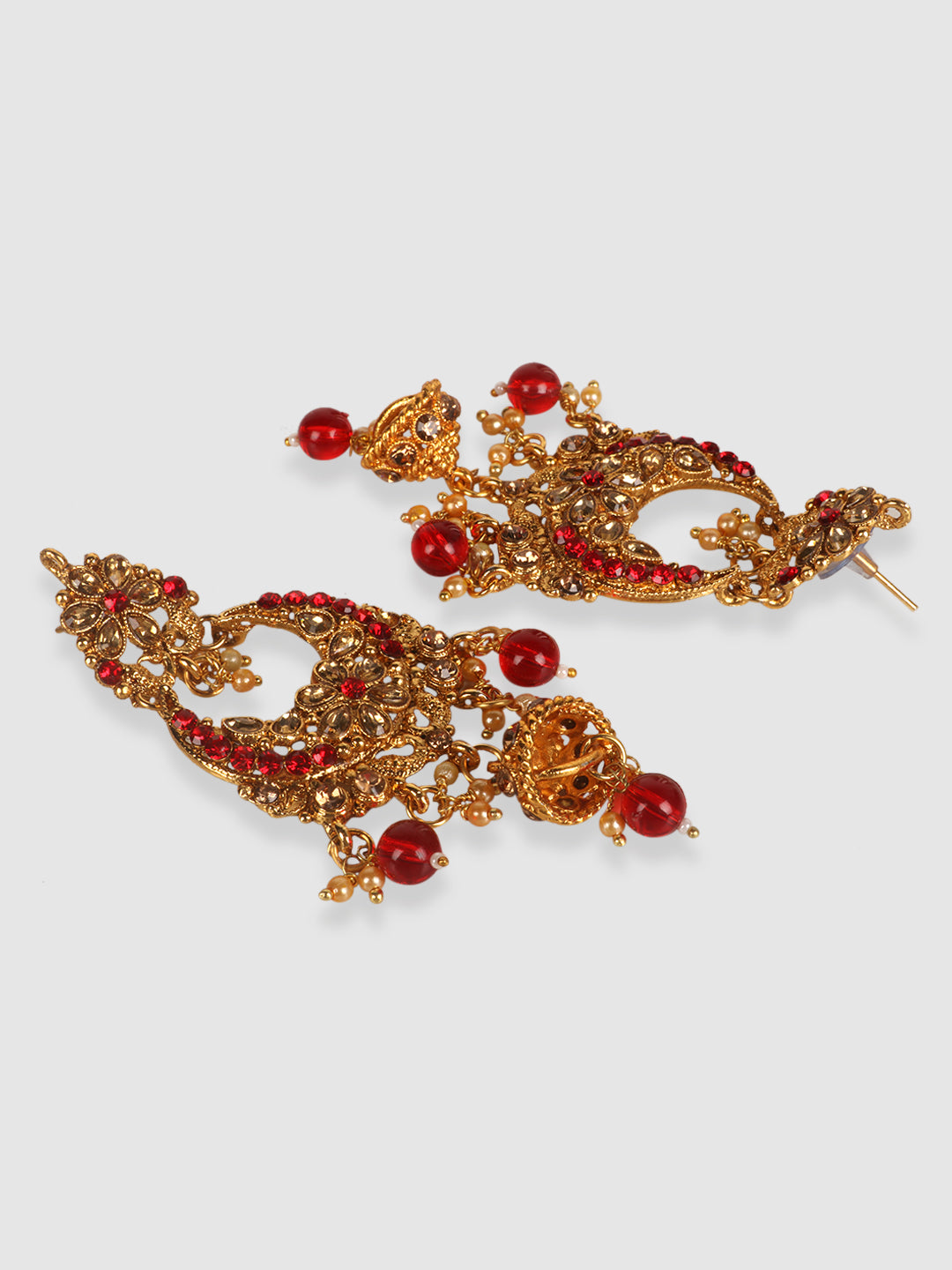 Gold Toned & Red Brass Gold Plated Choker Set With Earrings & Maangtika