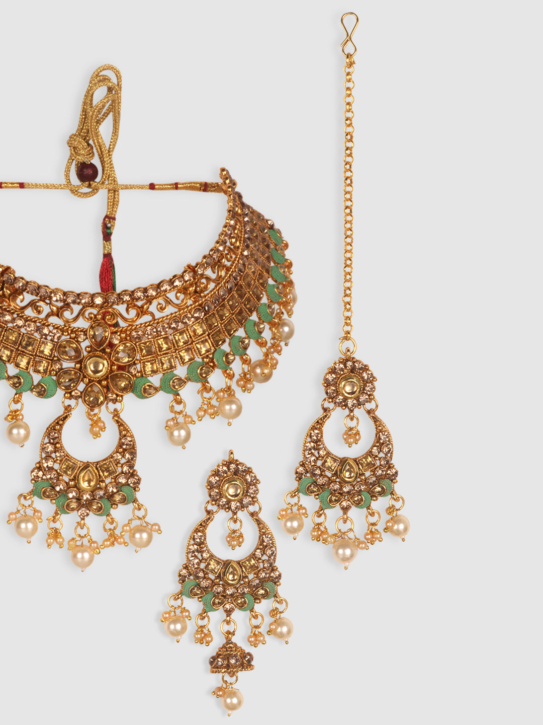 Gold-Plated Sea Green & White Kundan-Studded & Pearl Beaded Vilandi Jewellery Set