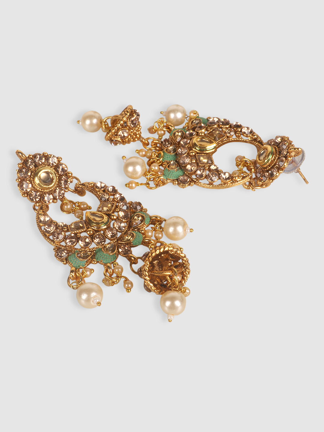 Gold-Plated Sea Green & White Kundan-Studded & Pearl Beaded Vilandi Jewellery Set