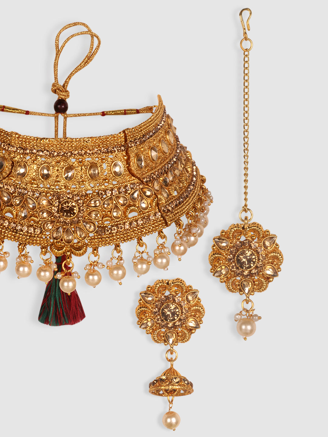 Gold Plated Stone Studded Choker Set with Chandbali Shape Earring & Maangtika