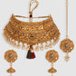 Gold Plated Stone Studded Choker Set with Chandbali Shape Earring & Maangtika