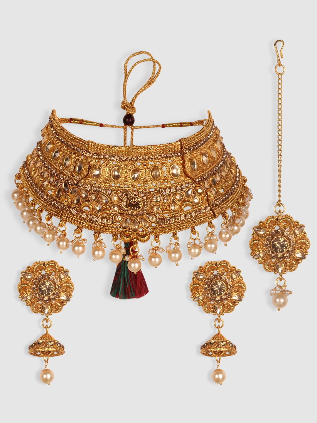 Gold Plated Stone Studded Choker Set with Chandbali Shape Earring & Maangtika