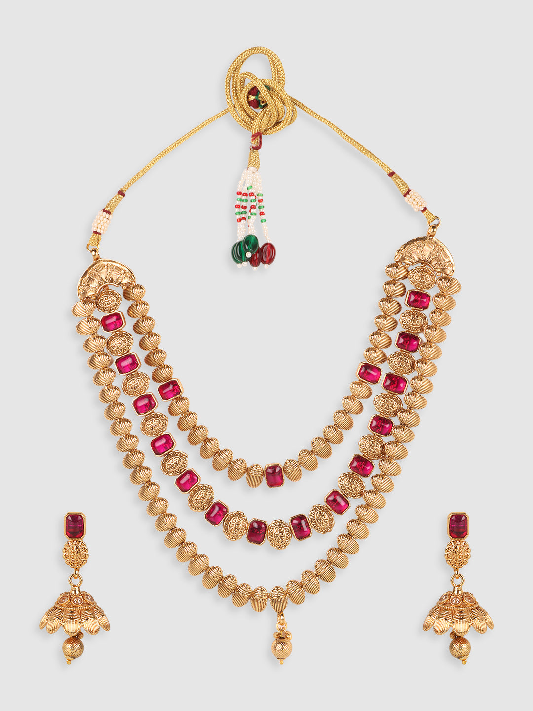 Gold-Plated & Magenta Stone Studded Jewellery Set