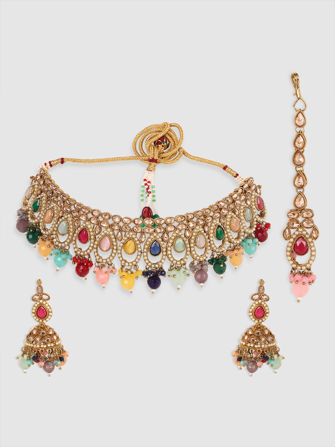 Gold-Plated White & Green Stone-Studded Jewellery Set