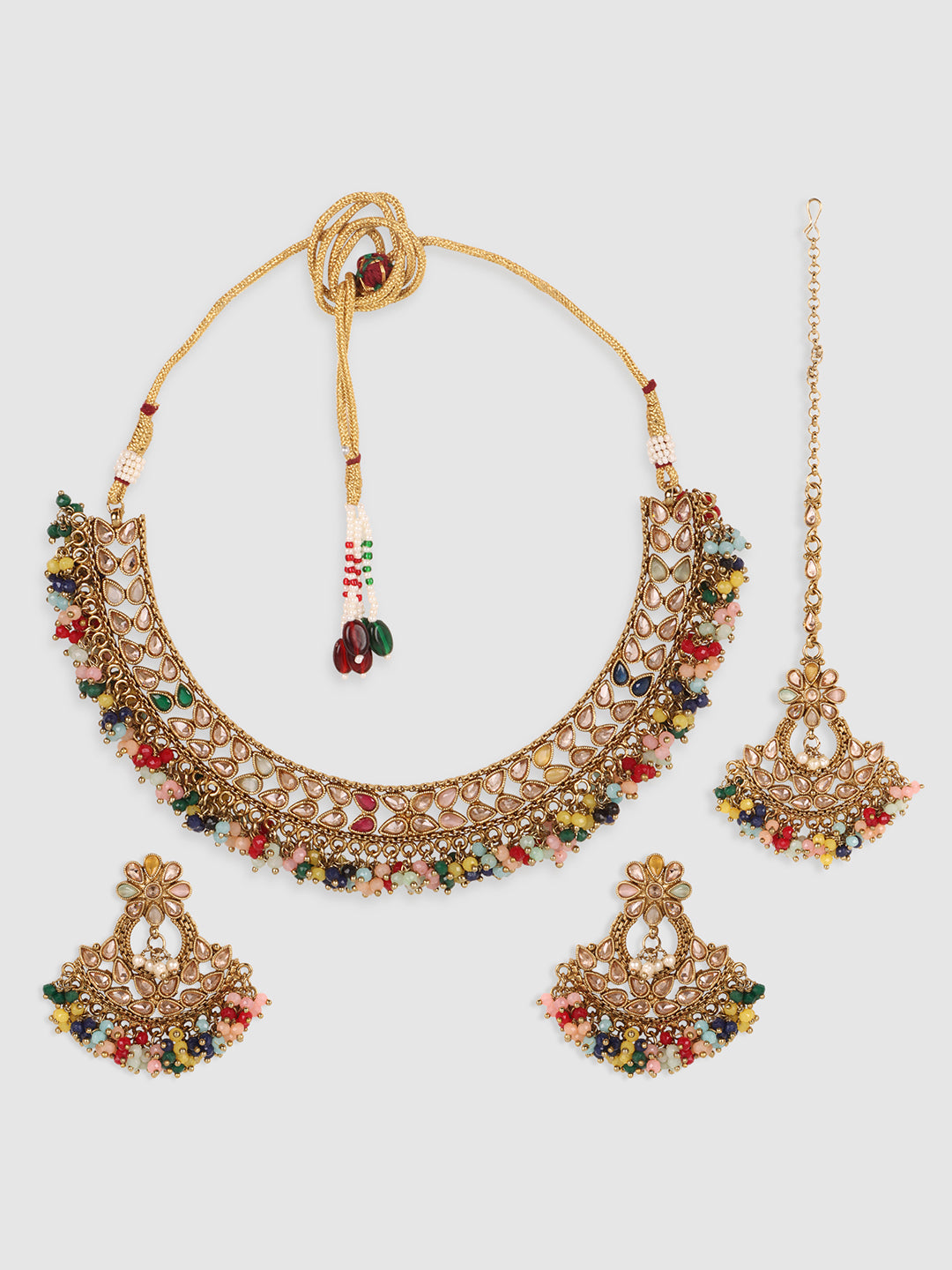 Gold-Plated Multi-Colored AD Stone Studded And Beaded Jewellery Set