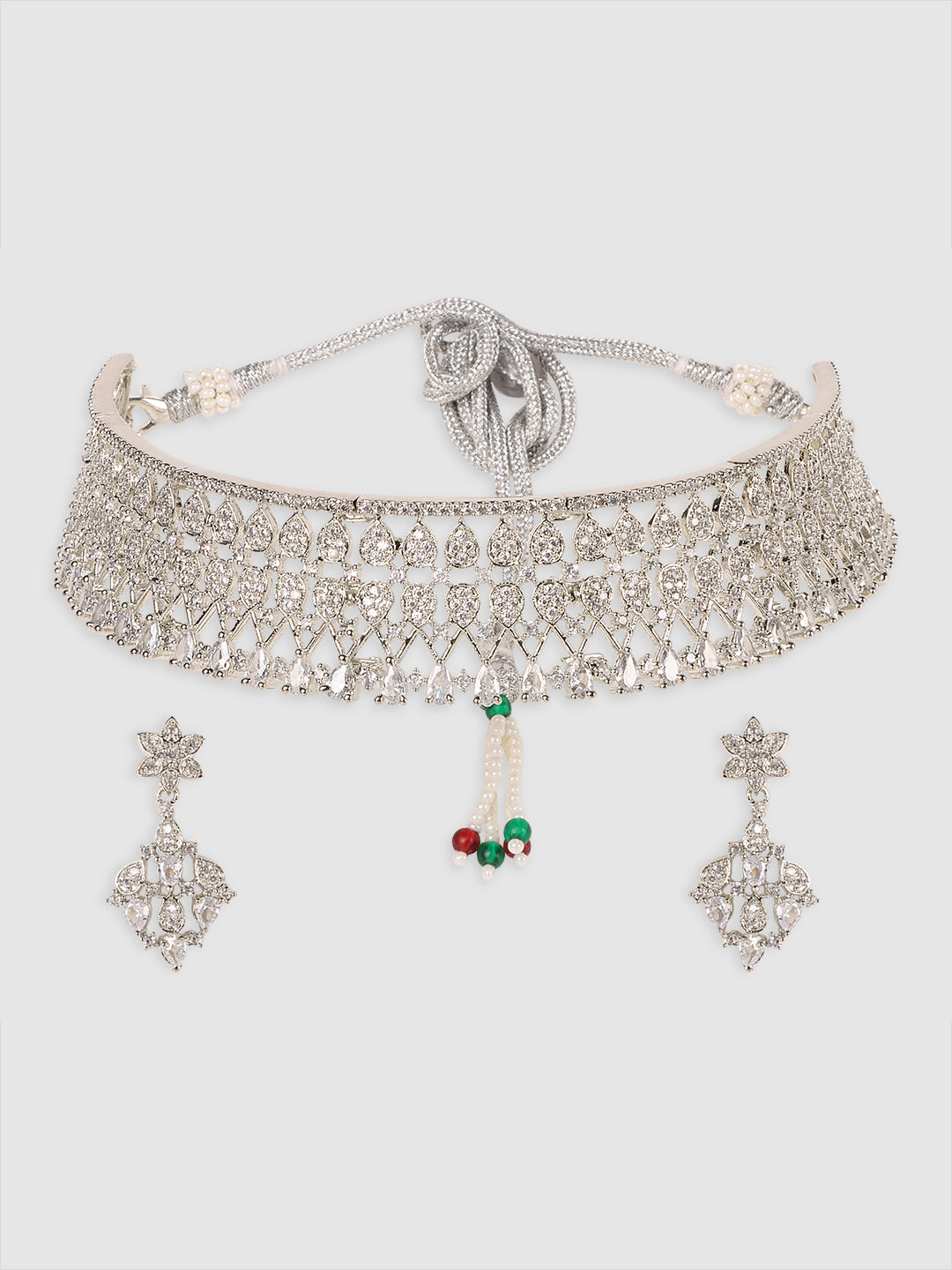 Silver-Plated White AD Studded Choker Jewellery Set