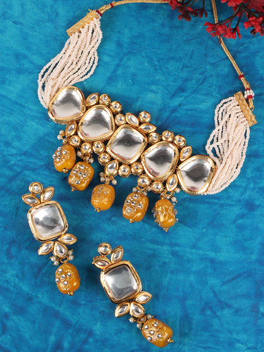 Gold-Plated  Colorful White Kundan-Studded Jewellery Set