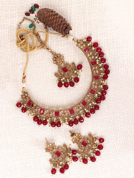 Gold-Plated Maroon & White Stone-Studded & Beaded Jewellery Set