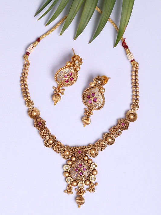 Women Magenta Stone-Studded Gold-Plated Jewellery Set