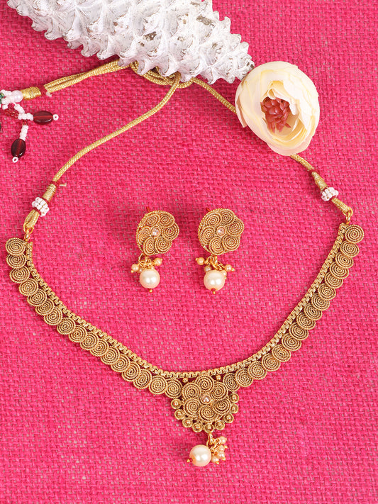 Women White & Gold-Plated Spiral Design Pearl Beaded Jewellery Set