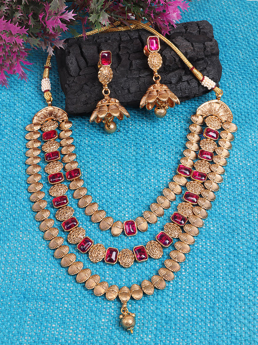 Gold-Plated & Magenta Stone Studded Jewellery Set