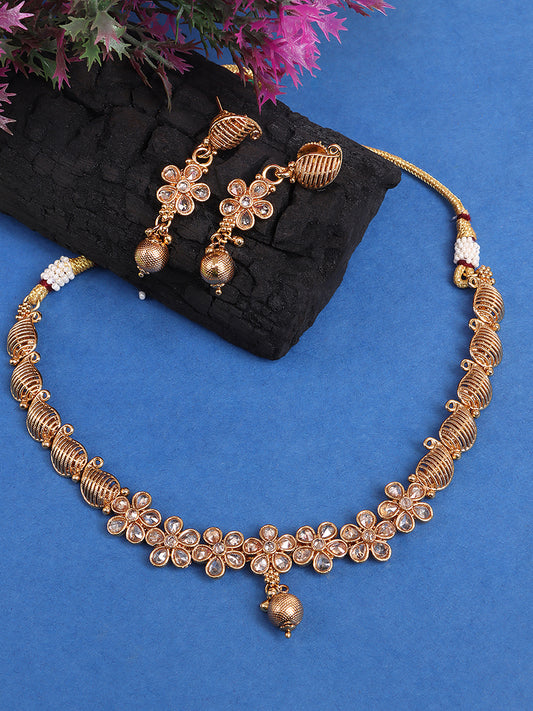 Gold-Plated White AD Stone-Studded & Beaded Jewellery Set